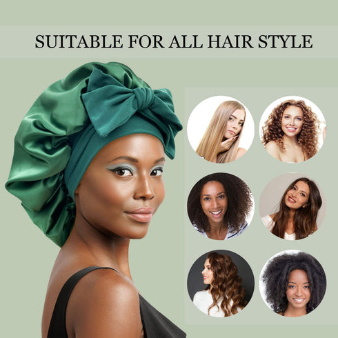 Satin Silk Hair Bonnet for Sleeping, Large Bonnets with Tie Band and Adjustable Straps for Curly Braid Hair Hunter Green