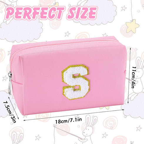 Pink PU Makeup Pouch - Personalized Preppy Initial Cosmetic Bag for Women, Small Travel Skin Care Stuff (S)