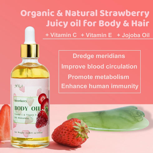MR.A 2 Pack Strawberry Body Oil Juice Scented, Vitamin E Body Oil after Shower with Jojoba Oil, Strawberry Shortcake Body Moisturizer Bath Oil for Dry Skin, Massage Oil Guasha Oil with Guasha Tool