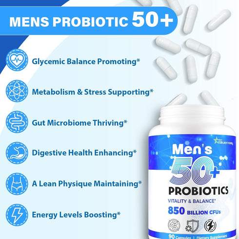 QIVERNAMY 50+ 850 1800mg 50, 90 Probiotics for Men, Advanced Mens Probiotic, Comprehensive Gut & Energy Support