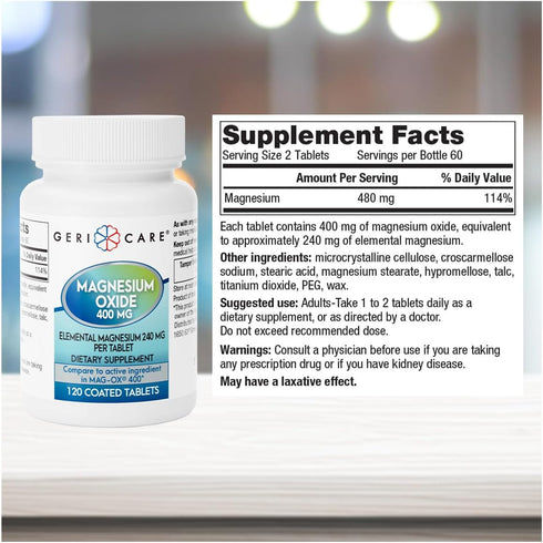 GeriCare Magnesium Oxide Supplement, 240 mg Elemental Magnesium, 120 Tablets, Pack of 3