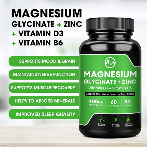 (2 Pack) Magnesium Glycinate Capsules, Magnesium Supplement 400mg with Zinc,Vitamin D3 & B6 - Highly Bioavailable and Absorption - Bone,Heart,Joint,Immune Support - 120 Vegan Capsules for Women & Men