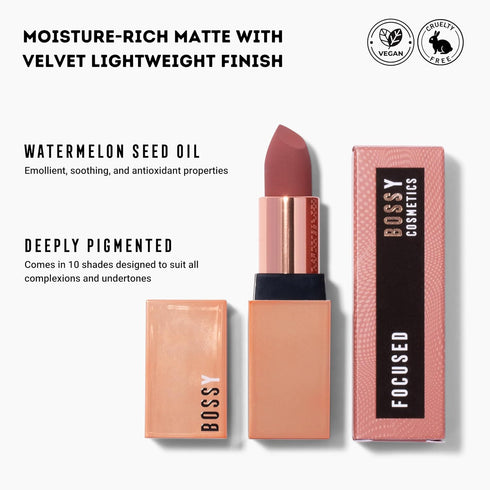 Hydrating Vegan Lipstick with Vitamin E and Watermelon Seed Oil, Matte, Long Lasting (Focused - Pink Mauve Color)
