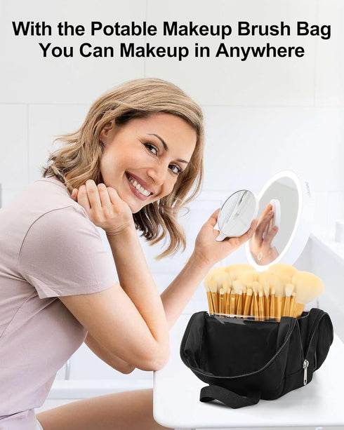 MONSTINA Makeup Brush Organizer Bag, Large Capacity Portable Stand-Up Holder for Professional Makeup Brushes