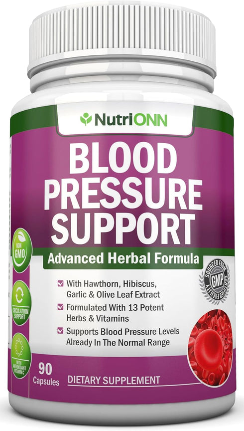 Blood Pressure Support Supplement - 13 Herbs & Vitamins with Hawthorn, Hibiscus, Garlic & Olive Leaf Extract - Non-GMO