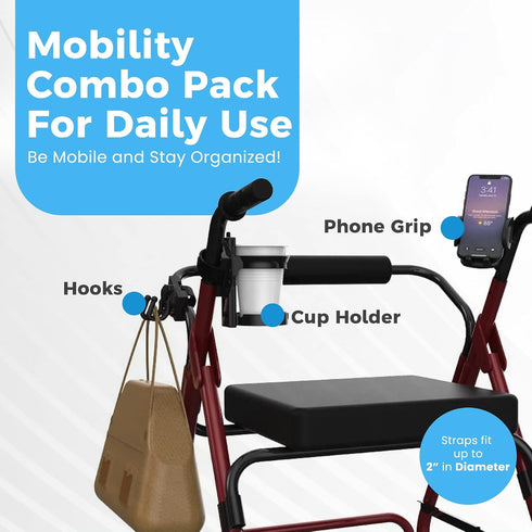 Pack, 2 Mobility Combo Hook, Phone and Cup Holder for Walker, Portable Beverage Holder for Wheelchair and Strollers