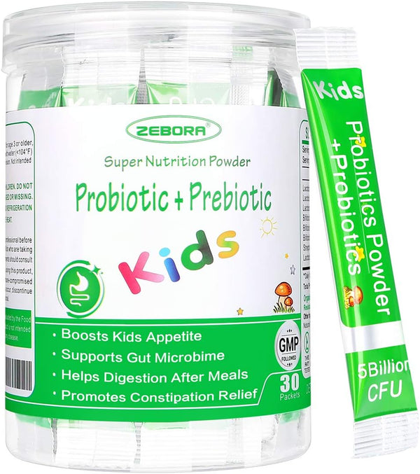 ZEBORA Kids Probiotic & Prebiotics Powder Age 3+, Supports Children's Digestive & Immune System, 30 Packets with 5