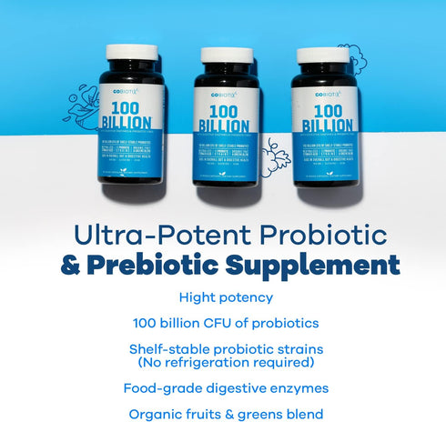 GOBIOTIX 100 Billion Digestive Enzymes Supplement, Probiotics Multivitamin, Prebiotic Fiber Blend - 30 Capsules