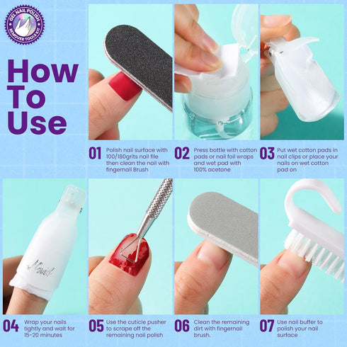 HNYYZL Gel Nail Polish Remover Tools Kit with 100ml Remover Bottle, Plastic Nail Clips, Lint Free Wipes, Nail Brush