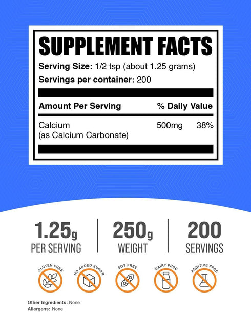 BulkSupplements.com Calcium Carbonate Powder, Food Grade, High Absorption, Gluten Free, 250g (8.8 oz)