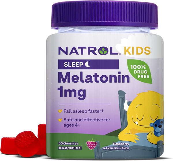 Natrol Kids Melatonin 1mg, 60 Raspberry-Flavored Sleep Gummies for Restful Sleep, 60 Day Supply for Children
