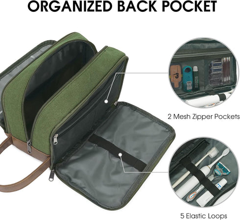 WANDF Travel Toiletry Bag for Men, Leather and Canvas Dopp Kit, Small Bathroom Bag for Travel Accessories (Green)