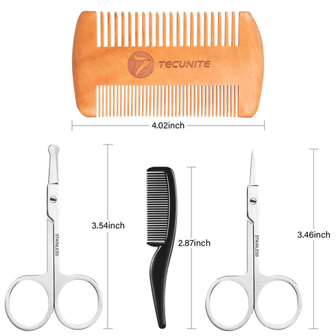 TecUnite Mustache Scissors Grooming Kit for Men, Beard Trimmer Set with 2 Combs and 2 Scissors