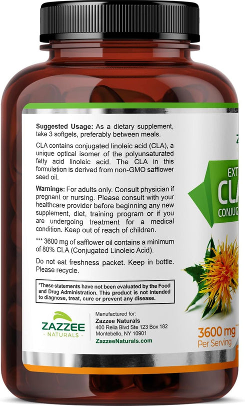 Zazzee High Potency CLA 3600, 180 Softgels, 3600 mg per Serving, Non-GMO, Made in The USA