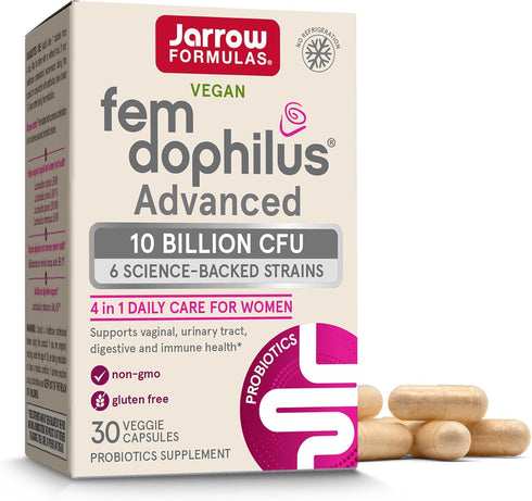Jarrow Formulas Fem-Dophilus Advanced Probiotics, 10 Billion CFU, 6 Strains for Vaginal, Urinary Tract Support, 30