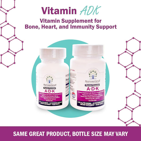 ADK Vitamin Supplement - Enhanced Bone Health with High Potency Vitamins A, D3, K2, 60 Capsules (Pack of 2)