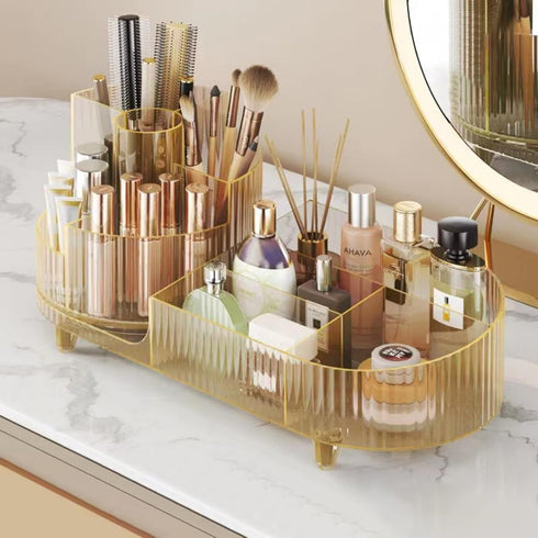 Large Capacity Rotating Makeup Organizer, Easy to Hold 20 Makeup Brushes, 10 Lipsticks, 8 Skincare Products (Crystal