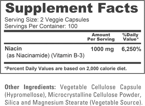 NusaPure Niacinamide 1000mg, 200 Veggie Capsules (Non-GMO, Vegan) Flush Free