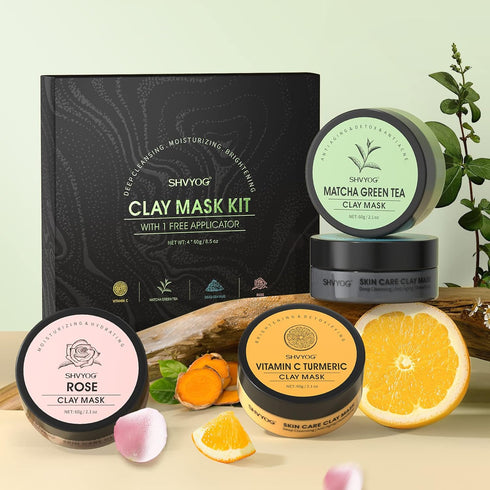 4 Pcs Clay Facial Mask Set - 240g Turmeric, Vitamin C, Green Tea, Dead Sea Mud, and Rose Clay for Deep Cleansing &