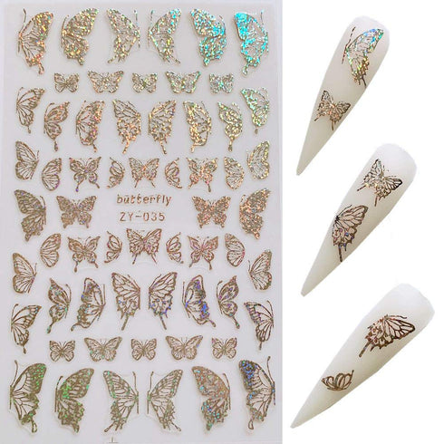 NAIL ANGEL 8Sheets Nail Art Adhesive Sticker Sheets with Different Laser Gold and Silver Butterfly Shapes
