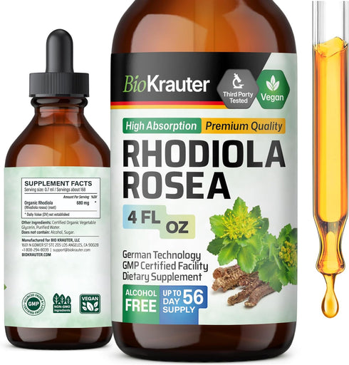 Organic Rhodiola Rosea Liquid Supplement - Vegan Adaptogenic Drops for Mood & Brain Support - Alcohol & Sugar Free, 4
