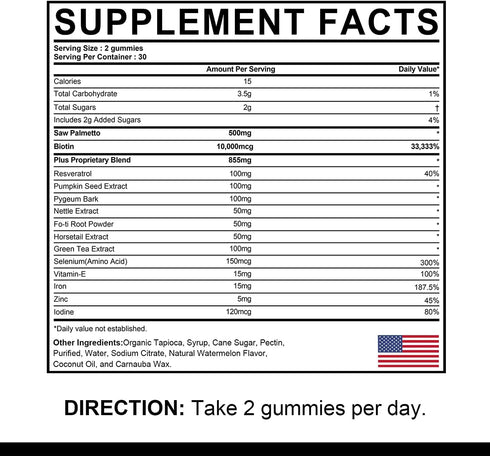 Envy Deal DHT Blocker Gummies Hair Growth Supplement, 10000 mcg Biotin & Saw Palmetto, 2Pc/120ct for Men & Women