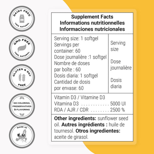 Supersmart Vitamin D3 5000 IU per Day, 125mcg, High Potency & Bioavailability, Non-GMO & Gluten Free, 60 Softgels