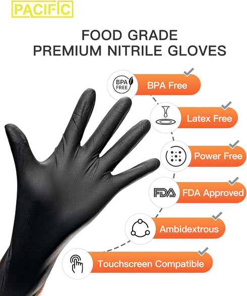 PACIFIC PPE Black Nitrile Disposable Gloves, 6 Mil, Food-Safe, Cooking & Cleaning, Powder-Free, Heavy-Duty, Textured Fingertips, 100 Count, Large