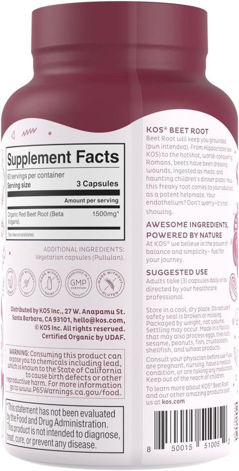 KOS Organic Beet Root Capsules 1500mg - Natural Nitric Oxide Booster, 180 Capsules for Healthy Active Lifestyle