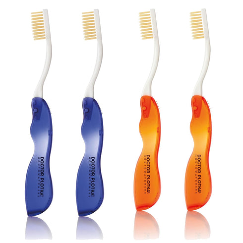 MOUTHWATCHERS Dr Plotkas Extra Soft Flossing Toothbrush, Folding Travel Toothbrush for Adults, 4 Pack