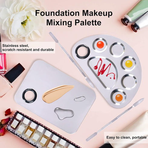 Makeup Mixing Palette, Stainless Steel Metal Foundation Palette with Spatula, 6×4"/Silver, 2pcs for Nail-Art