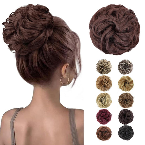 MORICA Messy Hair Bun Hair Scrunchies Extension - Curly Wavy Synthetic Chignon Hairpieces for Women (33# Dark Auburn)