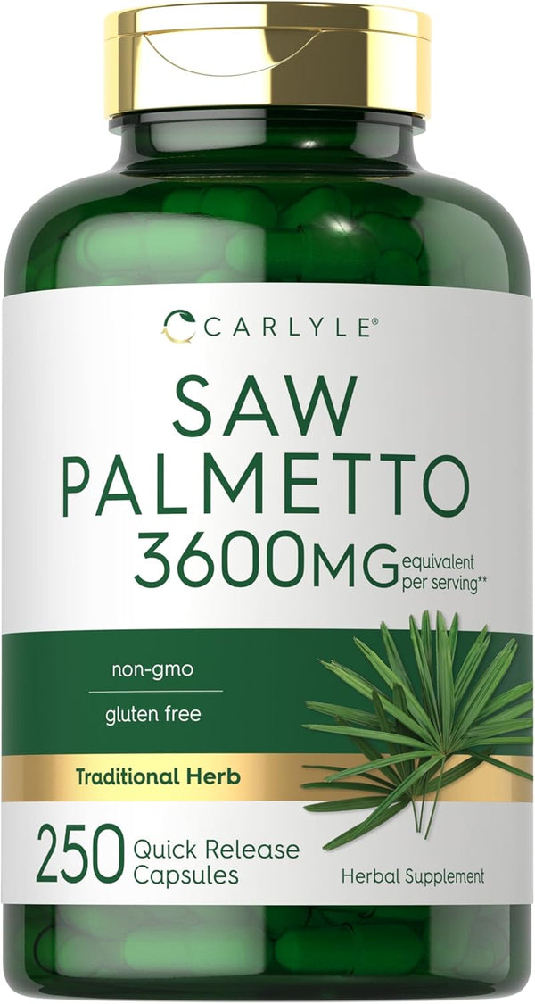 Carlyle Saw Palmetto Extract, 3600mg, 250 Capsules, Non-GMO Gluten Free Formula from Saw Palmetto Berries