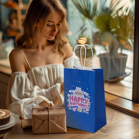 Toovip 50 Pack 5.25x3.25x8.25 Inch Small Royal Blue Kraft Paper Bags with Handles Bulk for Gift Wrap Bags Party