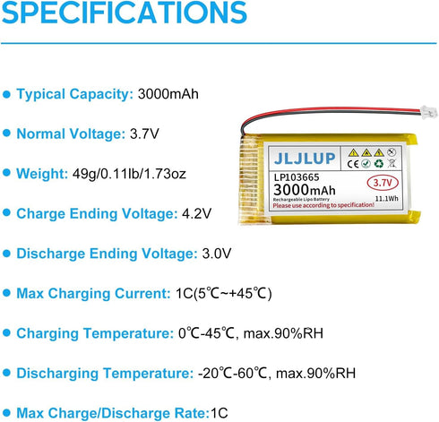 JLJLUP 4pcs 3.7V 3000mAh 1S 1C JST1.25mm ESP32 Lithium Polymer Rechargeable Battery LiPo Battery with Connector