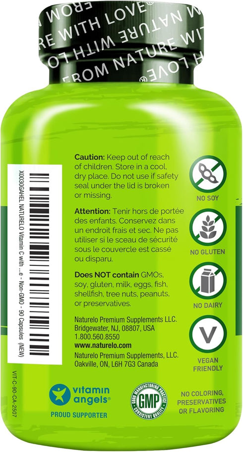 NATURELO Vitamin C Vegan Supplement with Organic Acerola Cherry Extract, 500 mg VIT C per Cap, 90 Capsules