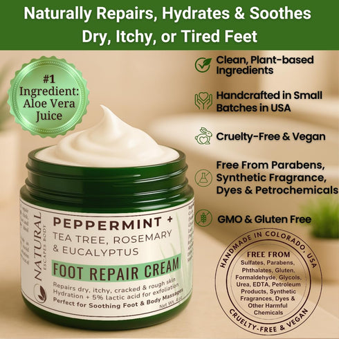 Peppermint + Rosemary, Eucalyptus & Tea Tree Foot Cream - Moisturizing Foot Lotion for Cracked Heel Repair (4 oz)