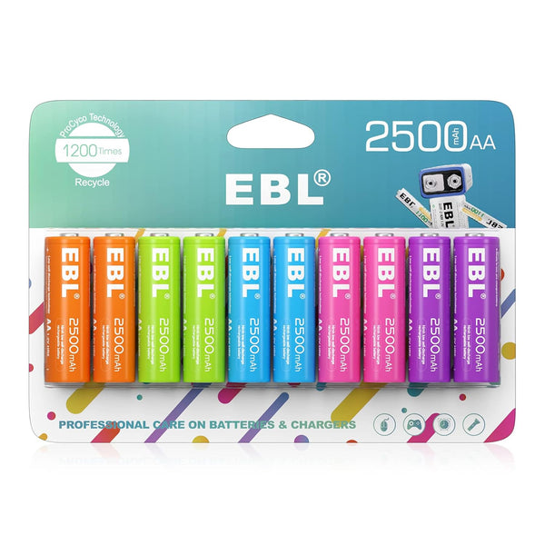 EBL Rechargeable AA Batteries 2500mAh 1.2V Ni-MH, Double AA Battery 10 Pack