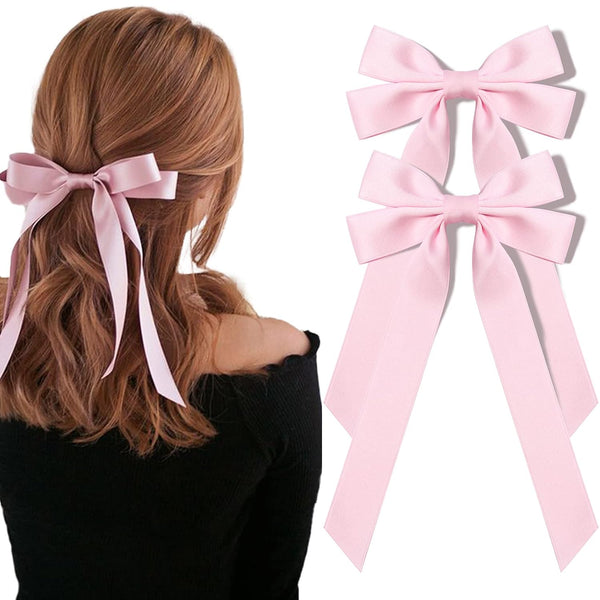 Silky Satin Hair Bows and Ribbons, 2PCS Pink Alligator Clips for Ponytail Holders, Hair Accessories for Women