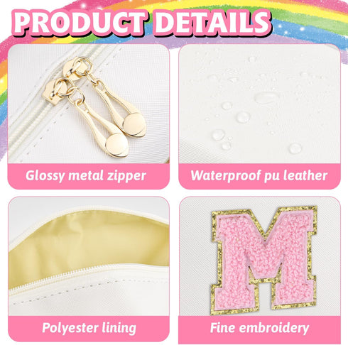 Initial Makeup Bag | Personalized Waterproof PU Leather Chenille Letter Cosmetic Bag | Monogram Travel Toiletry Bag