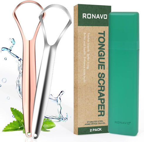 RONAVO Stainless Steel Tongue Scraper for Adults, 2 Pack, Couples Colors, Cure Bad Breath, Oral Care & Hygiene