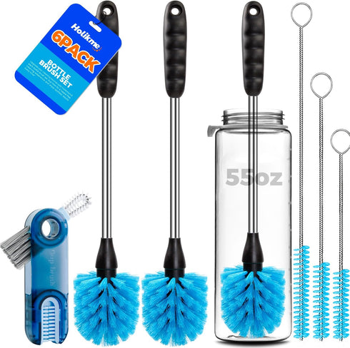 Holikme 6 Pack Bottle Brush Set, 14" Long Handle Stainless Steel Cleaner, 3 Straw Brushes, Blue