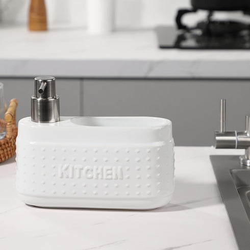 White Ceramic Dish Detergent Dispenser for Kitchen Sink, 21 oz Large Capacity with Sponge Holder