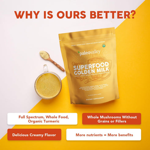 Immune, 30 Paleovalley Organic Superfood Golden Milk - Focus, Cognitive, Longevity - Turmeric, MCT-Rich Coconut Milk