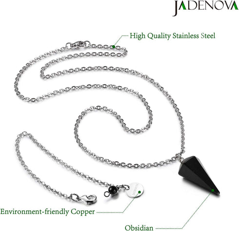 JADENOVA Pendulum Crystal Necklace - Natural Obsidian Crystal Pendulums for Divination, Dowsing, Chakra Reiki Healing