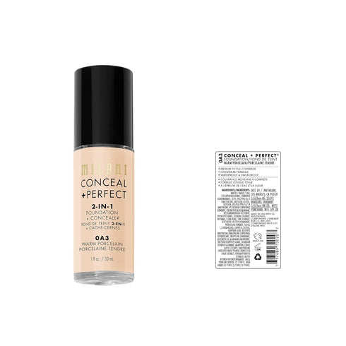 Milani Conceal + Perfect 2-in-1 Foundation + Concealer, Waterproof and Sweatproof, Warm Porcelain for Flawless