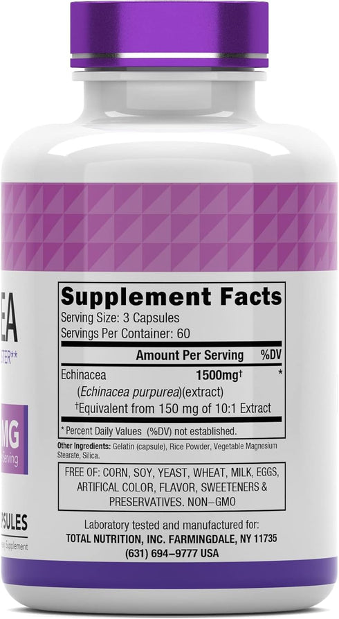 Echinacea Capsules, 1500 mg Per Serving, 180 Capsules, Herbal Extract Supplement, USA Made