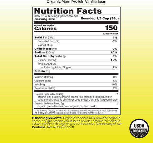 wholier Organic Plant Protein + Prebiotics, 21g Vegan Protein, 5g Fiber, Vanilla Bean