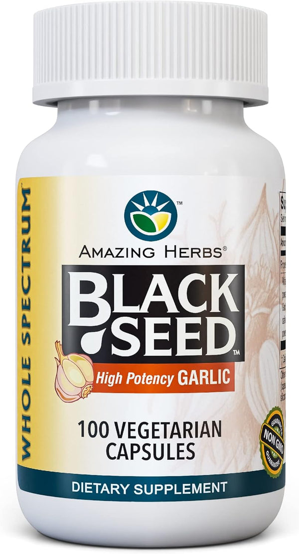 Amazing Herbs Whole Spectrum Black Seed & Garlic, 100 Count Vegetarian Capsules, Supports Health