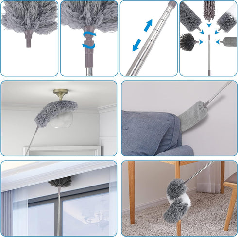 Microfiber Extendable Feather Duster (11pcs) with 100" Extension Pole, Washable & Reusable for Cleaning Ceiling Fans &